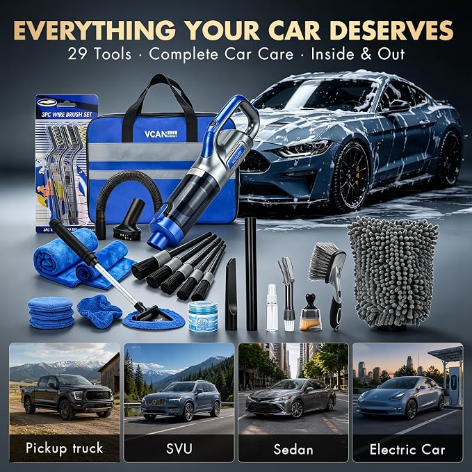 VCANENERGY 29PCS Car Cleaning Kit Interior Detailing for Men Women（Blue） | 17000PA High Power Handheld Cordless Car Vacuum Rechargeable, Detailing Brush Set, Windshield Cleaner Tool, Tire Brush