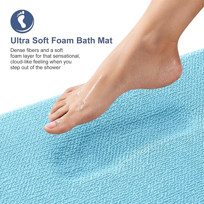 OLANLY Memory Foam Small Bathroom Rugs 24x16, Absorbent Bath Mat, Sky Blue | Soft Quick Dry Bath Mat Rugs, Non-Slip, Machine Washable Mat for Bathroom Floor, Tub and Shower, Home Decor Accessories