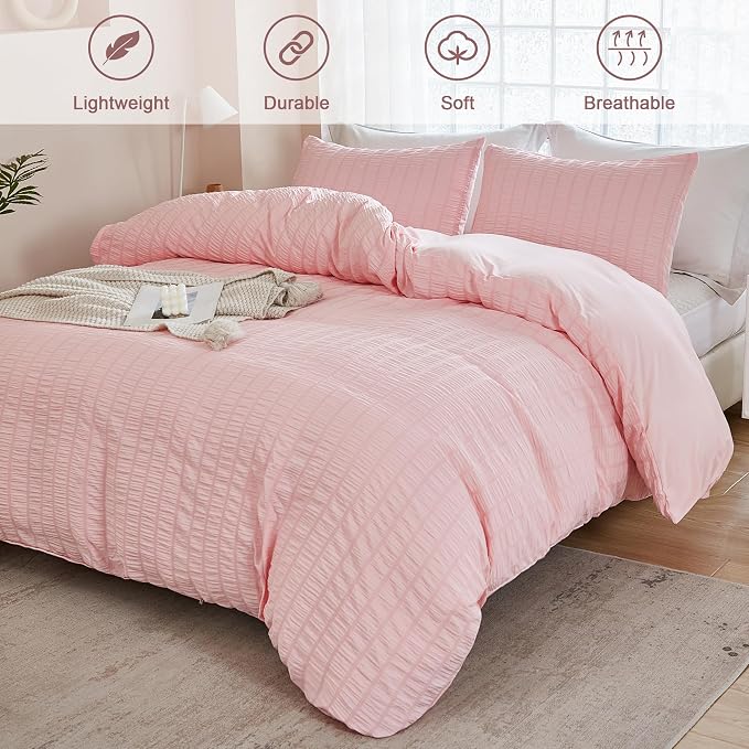 AveLom Blush Pink Seersucker Duvet Cover Set Full Size (80 x 90 inches), 3 Pieces (1 Duvet Cover + 2 Pillow Cases), Ultra Soft Washed Microfiber, Textured Duvet Cover with Zipper Closure, Corner Ties