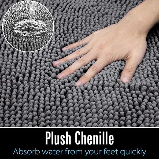 LOCHAS Luxury Bathroom Rug Shaggy Bath Mat 24 x 60 Inch, Gray | Washable Non Slip Bath Rugs for Bathroom Shower, Soft Plush Chenille Absorbent Carpets