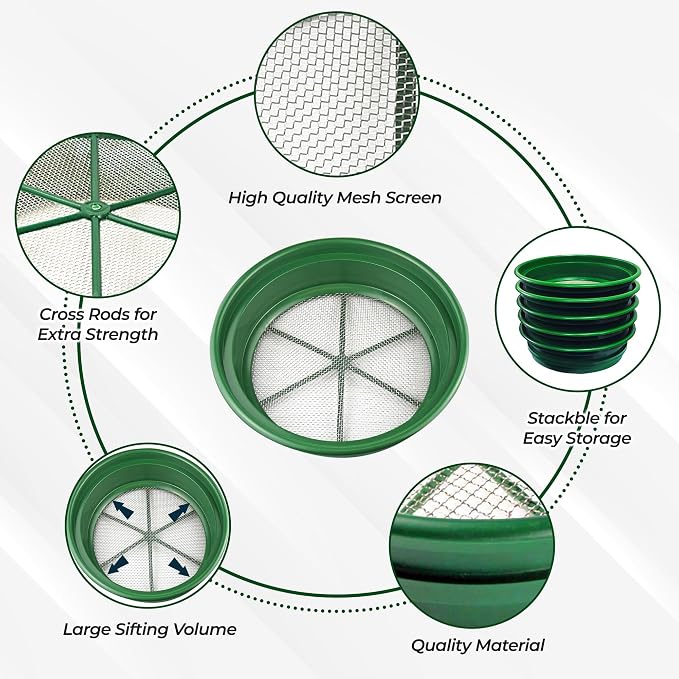 SE 13.25 Inch Wide Stackable Classifier Gold Prospecting Pan - 1/8 Inch Stainless Steel Mesh Sifting Pan, Green