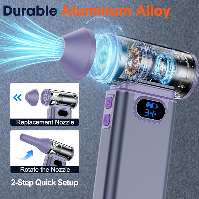Metal Electric Compressed Air Duster, 300000RPM High Speed Rechargeable Air Blower&Pump for Leaf Blower with Digital Display, 4-Speed Modes-Brushless Motor Mini PC Dust Cleaner with Light(Argent)
