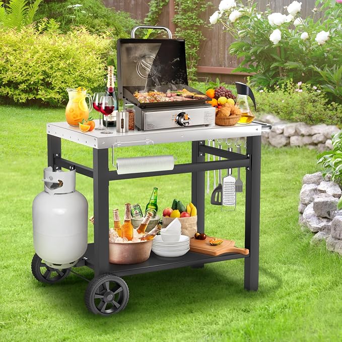 Grill Table, Movable Dining Cart, Pizza Oven Table Stand, Double-Shelf Grill Stand, Food Prep and Work Cart with Wheels, Hooks, Fits for Blackstone Ninja
