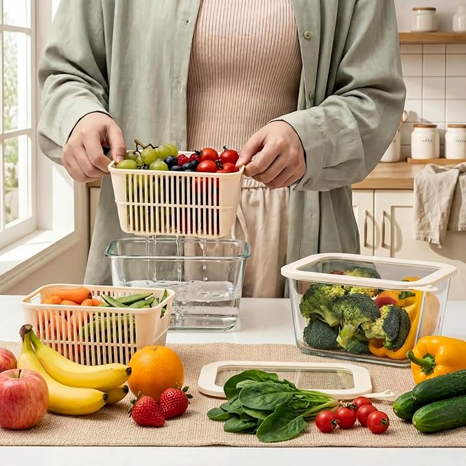 Glass Food Storage Containers with Glass Lids, Microwave Safe Food Container Set, Aitight Meal Prep Container Set, BPA Free, 2 extra Colanders, LeakProof, 2 Pack of 60oz