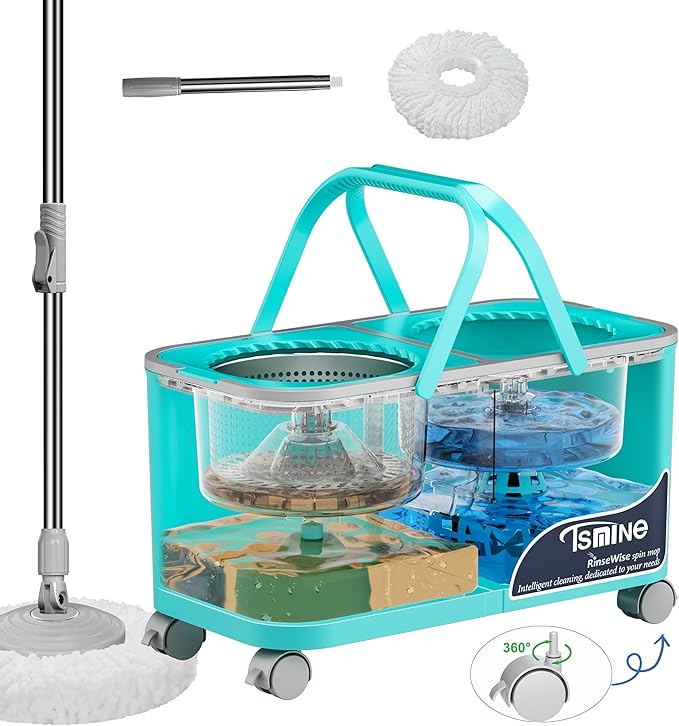 2026 Upgraded Easy-Use Spin Mop for Cleaner, Clean & Dirty Water Separation Mop Bucket for Pet & Family Homes,360° Swivel Wheels, Safe for Hardwood & Tile, Adjustable Handle,1 Reusable Mop Heads