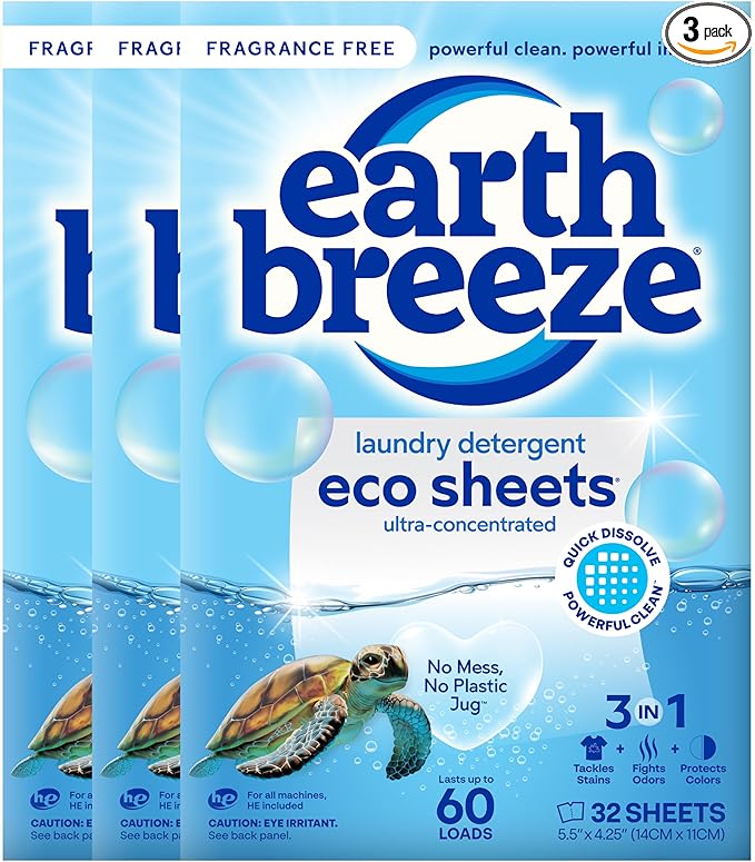 Earth Breeze Laundry Detergent Sheets Fragrance-Free - 180 Loads Eco Liquidless Soap - Travel-Friendly for Hot & Cold Cycles, Tackles Tough Stains & Odors - Gentle on Sensitive Skin, 90 Ct (3 Pack)