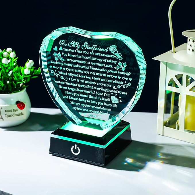 Girlfriend Gifts with Colorful LED Base Engraved to My Girlfriend Heart Crystal Keepsakes on Anniversary Birthday Valentine's Day Gifts for Girlfriend Romantic I Love You Gift for Her from Boyfriend