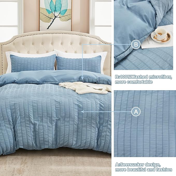 AveLom Grayish Blue Duvet Cover King(104 x 90 inches), 3 Pieces (1 Duvet Cover, 2 Pillow Cases), Seersucker Striped Soft Washed Microfiber Textured Duvet Cover Set with Zipper Closure, Corner Ties