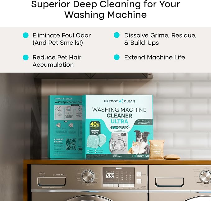 Uproot Clean Washing Machine Cleaner Tablets Ultra & Deshedder Brush Set: 40% Stronger Washer Machine Cleaning Tablets & Cat & Dog Brush for Shedding Set - No Loose Fur - No Messy Clothes
