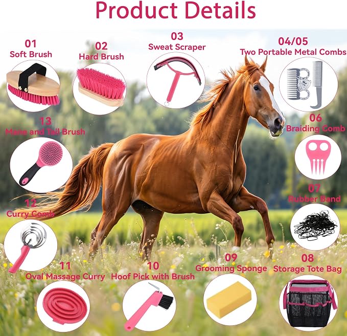 Horse Grooming Kit 13 Piece, Horse Brushes for Grooming Supplies with Tote Bag, Horses Tack Brush Set for Effective Grooming and Cleaning, Gift for Horse Riders Beginners (Pink)