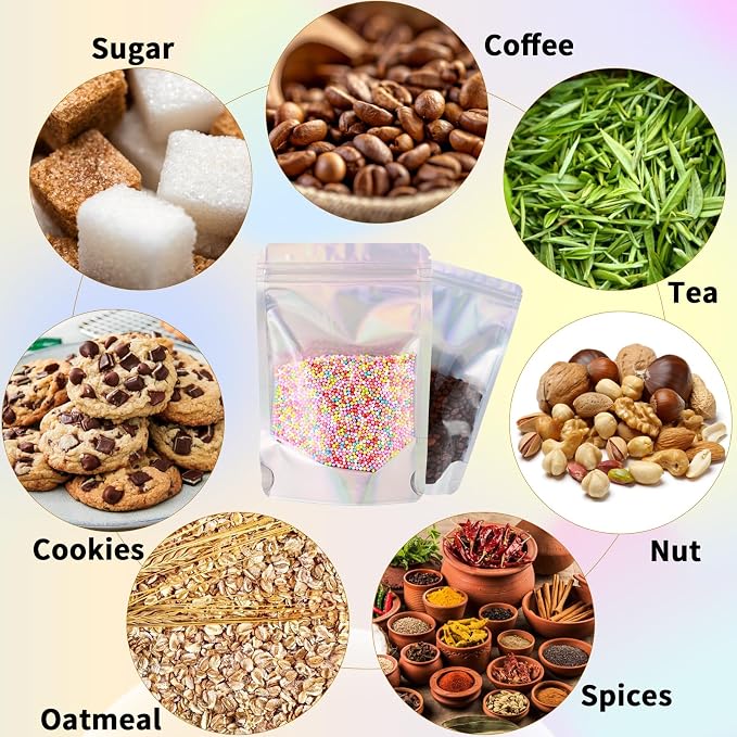 150 Pcs Mylar Bags for Food Storage, 4x6 Mylar Bag with Window Stand Up, Small Holographic Resealable Bags Smell Proof Bag Food Packaging for Small Business Freeze Dried Candy Jewelry Foil Packaging