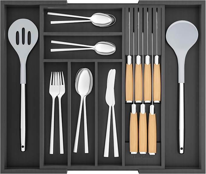 TIOPGHAD Bamboo-Silverware-Drawer-Organizer-Kitchen, Expandable Utensil Holder Cutlery Tray Flatware Organization Adjustable Wood Tableware Dividers Storage (with Removable Knife Block)(Black)