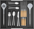 TIOPGHAD Bamboo-Silverware-Drawer-Organizer-Kitchen, Expandable Utensil Holder Cutlery Tray Flatware Organization Adjustable Wood Tableware Dividers Storage (with Removable Knife Block)(Black)