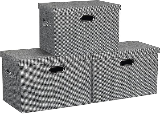 Graciadeco Large 17" 36 Quart Collapsible Stackable Storage Bins with Lids, 3 Packs Black and White Mix Linen Fabric Closet Boxes with Lids, Storage Cube Baskets Container Organizers (17x12x11)