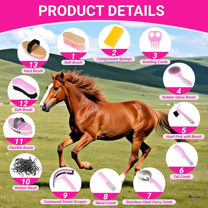 Horse Grooming Kit, 14-in-1 Professional Horse Brush Supplies Set for Grooming & Care, with Horse Brushes, Curry Comb, Hoof Pick & Waterproof Storage Tote Bag for Shining, Detangling, Massaging(Pink)