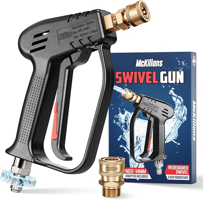 McKillans® 2026 Short Pressure Washer Gun with Upgraded Swivel - M22-14mm to 3/8 Quick Connect Included - High Pressure Water Handle - Power Washer Gun Compatible with Foam Cannon, Car Wash Gun