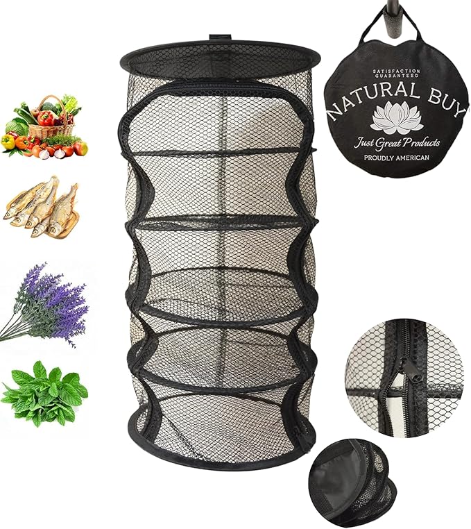 9 Inch 5 Level Micro Hanging Dry Net Indoor/Closet Drying Rack for Herbs, Plants, Organizer, Freshner - Black Mash Screen with Top-to-Bottom Zipper - Apartment Size with Zipped Storage Pouch