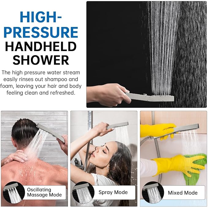 G-Promise All Metal 12 Inch Dual Square Shower Head with Handheld Spray Combo, Rain Shower Head, Adjustable Extension Arm, 3-Way Diverter, 71 Inch Extra Long Hose - A Bathroom Upgrade(Brushed Nickel)