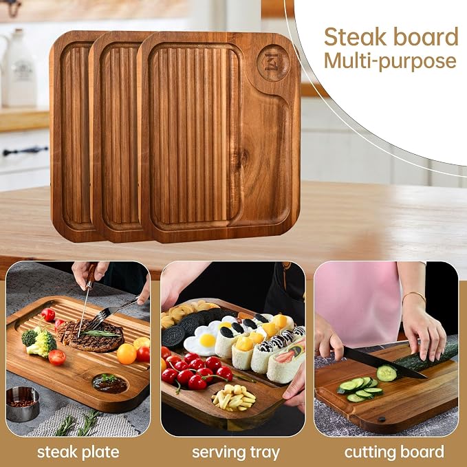 Acacia Wood Steak Plates, Carved Meat Wooden Plate,Stable Food Serving Tray | Anti-slip Cheese Charcuterie Board with Deep Grooves & Hidden Handles,Carnivore Cutting Board for Eating,Housewarming gift