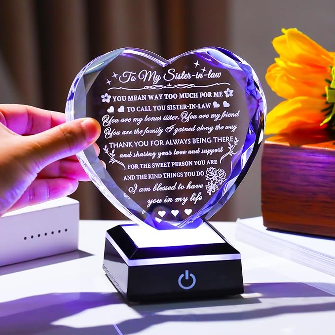 Arikyrist Meaningful Sister in Law Gifts with Colorful LED Base Wedding Birthday Gifts for Sister in Law Heart Crystal Keepsake Gift Ideas for Mother's Day Christmas Thanksgiving
