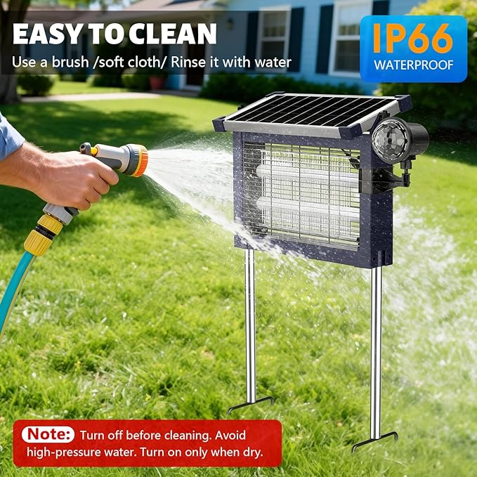 Zechuan Solar Bug Zapper Outdoor, 4500V Electric Mosquito Zapper, IP66 Waterproof Cordless Fly Killer, Type-C Rechargeable with Projection Light for Patio Yard Camping