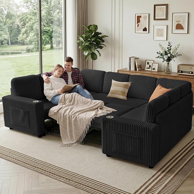 Oversized U Shaped Sectional Sleeper Sofa with Pull Out Bed, Black | 8 Seat Modular Design, Hidden Storage Space, Soft Corduroy Fabric, USB Charging, Cup Holders, Removable Covers, Easy Assembly