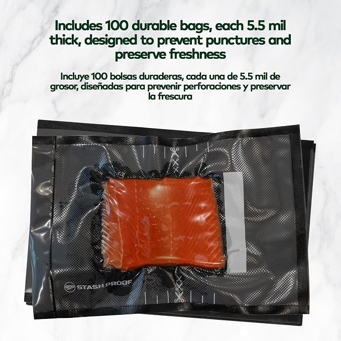 Vacuum Seal Zipper Bags 8" x 12" (100 Count) 5.5 Mil (Black & Clear) Precut BPA Free Resealable Heavy-Duty Commercial Grade Food Sealer Bags for Food Saver,Sous Vide, Meal Prep, Freezer Storage