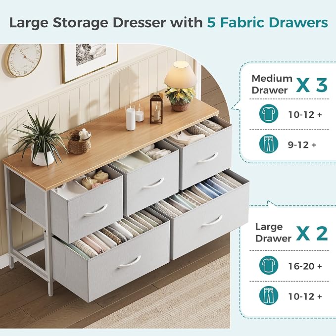 OLIXIS 5 Drawer Dresser for Bedroom, Storage Organizer Unit for Closet | Chest of Drawers for Clothes Storage with Bins, Wide Fabric Bedroom Dresser, Wooden Top, Living Room, Light Grey