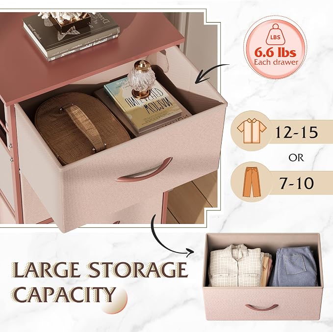 WLIVE Small Dresser Nightstand for Bedroom, 4 Drawers, Pink | 4 vertical fabric drawers, Space-saving tower, Bedroom or closet use, Chest of drawers, Dresser for small spaces