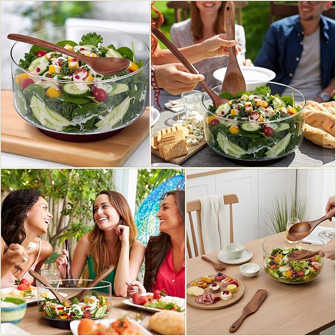 FoldTier Large Glass Salad Bowl Set, Party Salad Bowl with Acacia Wood Base and Lid as Cheese Charcuterie Board and Plate, Comes with 5 Pieces Elegant Wood Serving Utensils