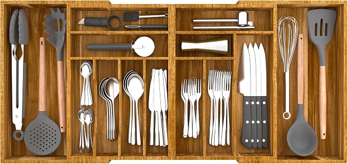 Suli Large Silverware Drawer Organizer, Acacia Wood Adjustable Kitchen Flatware for Forks Knives and Spoons, Cutlery Utensil Holder, Expandable from 22in-37in