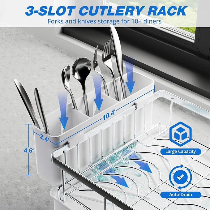 Godboat 2-Tier Dish Drying Rack - 304 Stainless Steel Dish Rack Auto Drain | Dish Racks for Kitchen Counter, Dish Drainer with Knife Fork & Cup Rack, Gifts for Women, Mothers Day, Kitchen Gadget, Silver