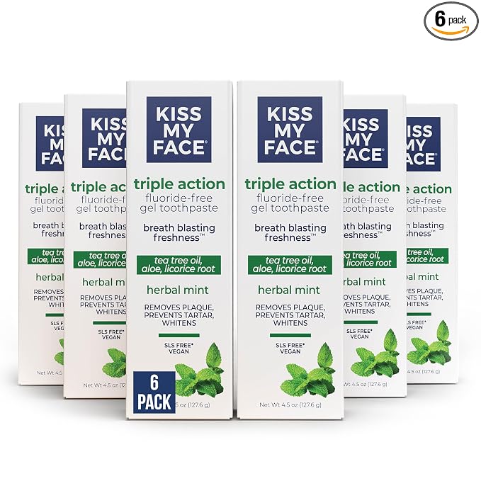 Kiss My Face Triple Action Toothpaste Gel, Herbal Mint Flavor, Removes Plaque, Whitens Teeth, Prevents Tartar, with Tea Tree Oil and Aloe, Fluoride Free, Vegan, 4.5 oz, 6 Pack