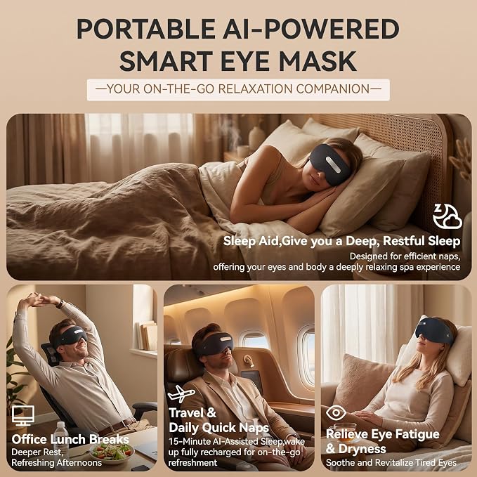 AI Smart Sleep Mask Aid Machine, Sleep Eye Mask with Sleep Monitoring, APP Control, White Noise & Meditation Music, 3D Breathable Light Blocking Eye Cover for Travel, Home, Office Naps (Black)
