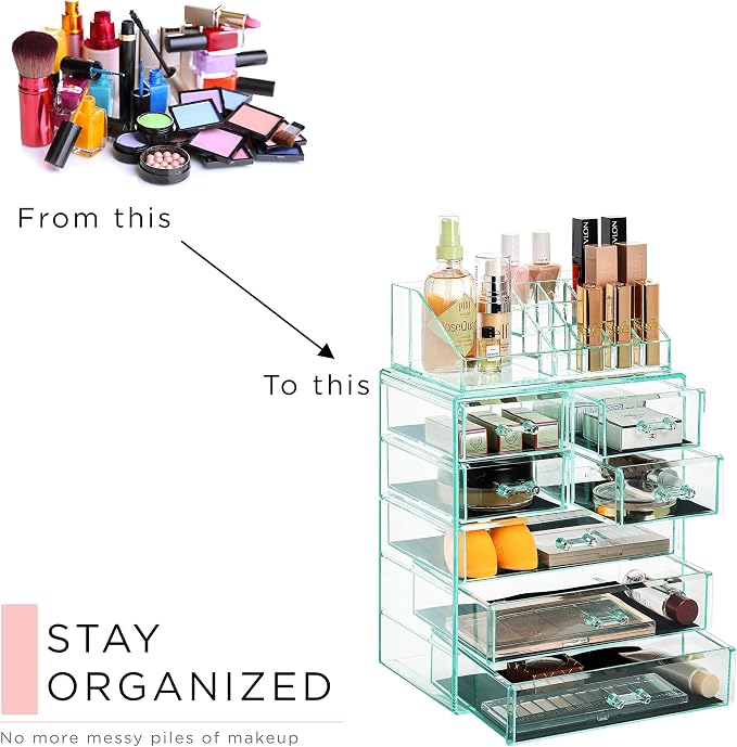 Sorbus Acrylic Makeup Organizer Set, 7-Drawer Vanity & Countertop Cosmetic Storage with Small & Wide Compartments, Teal Thrill Makeup Storage for Brushes, Jewelry – Holiday Gift for Women & Teens