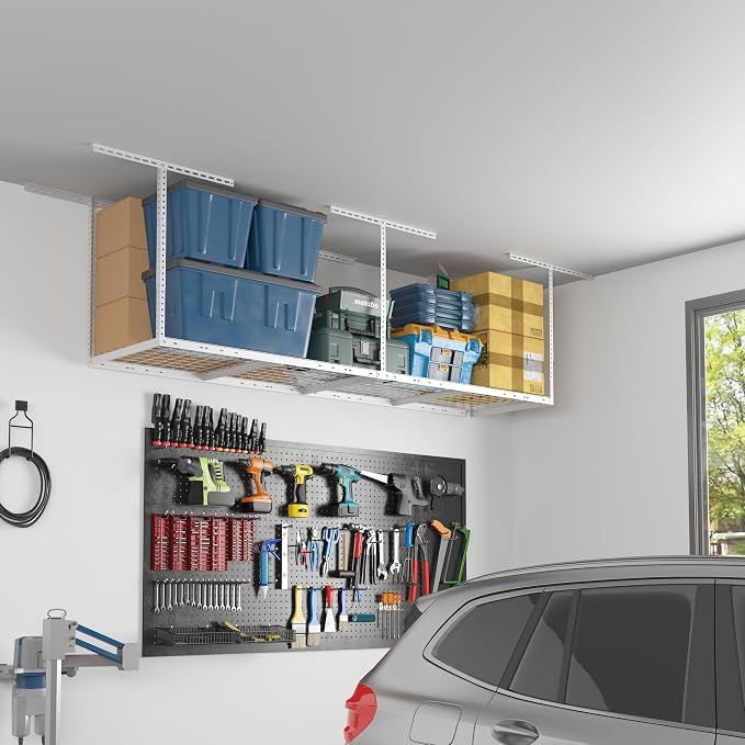 FLEXIMOUNTS 2x8 Overhead Garage Ceiling Storage Rack Organization, White | 400lbs Weight Capacity, 22"-40" Adjustable Organization System, Heavy-Duty Metal Ceiling Racks, Classic Series