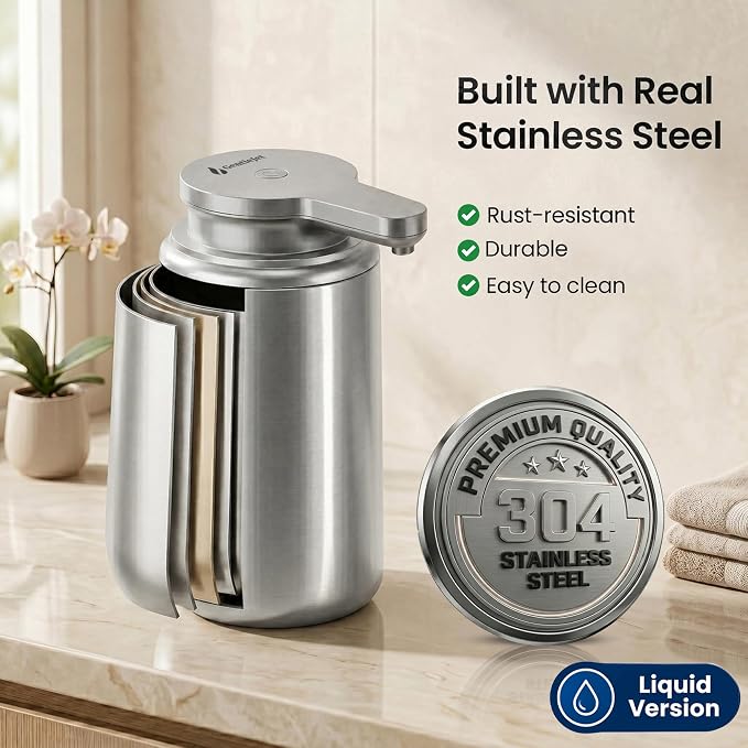 GentleJet WaveJet Automatic Liquid Soap Dispenser Touchless Sensor, USB-C Rechargeable, 304 Stainless Steel, IPX5 Waterproof for Bathroom Kitchen Sink, 10 oz / 300 ml