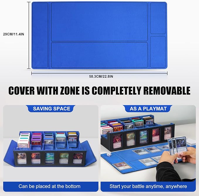 Trading Card Storage Box with Commander Display , 5-Row Deck Case with Removable Lid; 3900+ Card Deck Box for MTG TCG Sports Card, 5 Top Loaders, 5 Stoppers, 48 Dividers,1 Dice Tray (Black Blue)