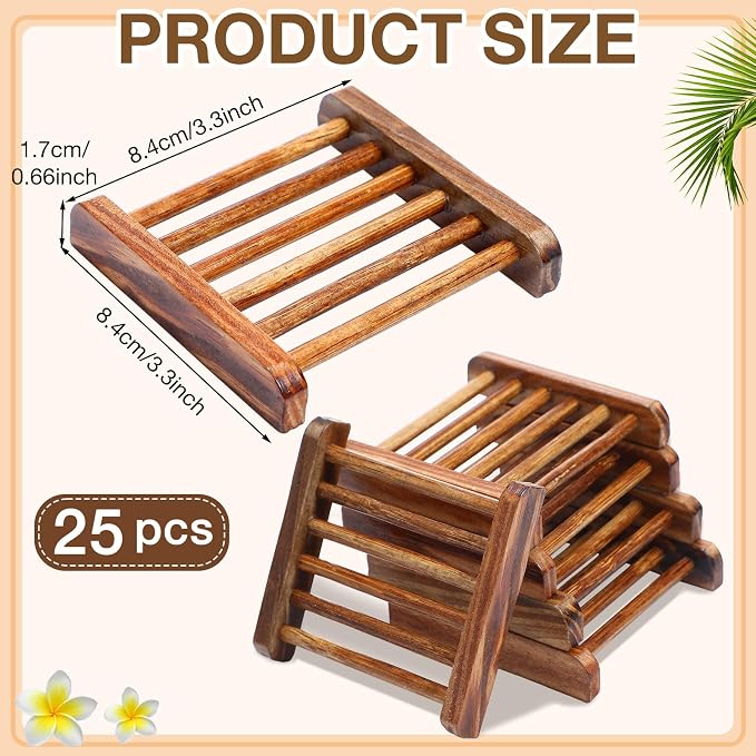 Amyhill 25 Pcs Bamboo Wood Soap Dish Bulk Bathroom Wooden Soap Holder Savers Self Draining Dishes Handcraft Tray, 3.3 x 3.3 x 0.67 Inch (Charcoal Color)