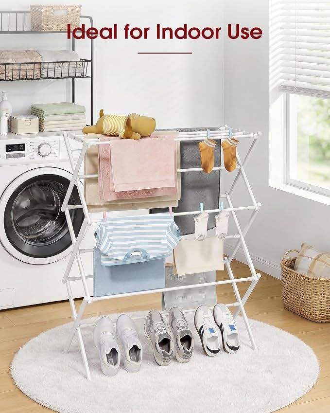 Sakugi Foldable 3-Tier Clothes Drying Rack 37.4" H with Non-Slip Feet | Indoor & Outdoor Use, Space Saving, Metal Frame, 11.4" D x 29.1" W, White