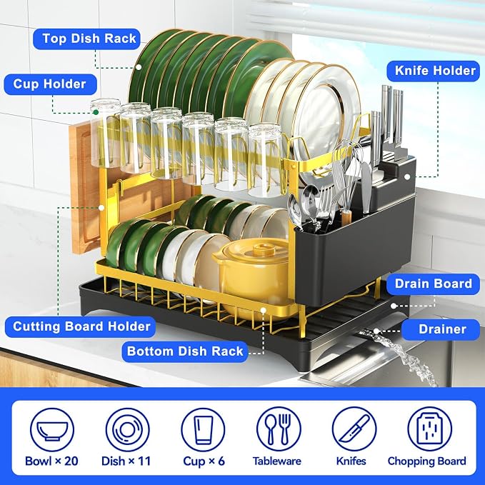 Dish Drying Rack Gold, Multifunctional Dish Racks for Kitchen Counter | with Drainboard 2 Tier Dish Drainer Large Capacity for Knifes/Cup/Cutting Board
