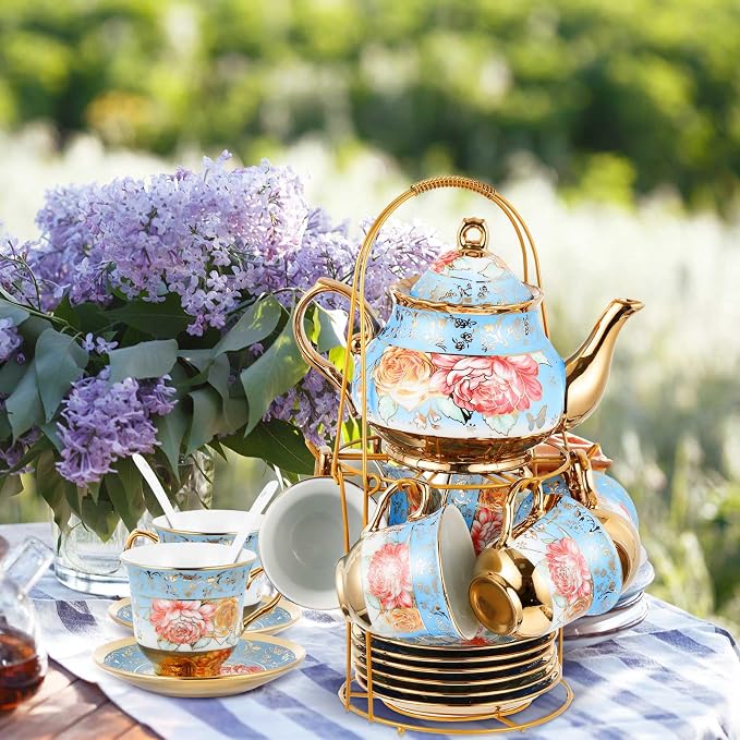Zhehao 20 Pcs Porcelain Tea Set with Metal Holder and Spoon Adult Ceramic Tea Set European Flower Painting Teapot Cup Saucer Spoon for Women Mom Gift, Large Version (Simplicity Style)