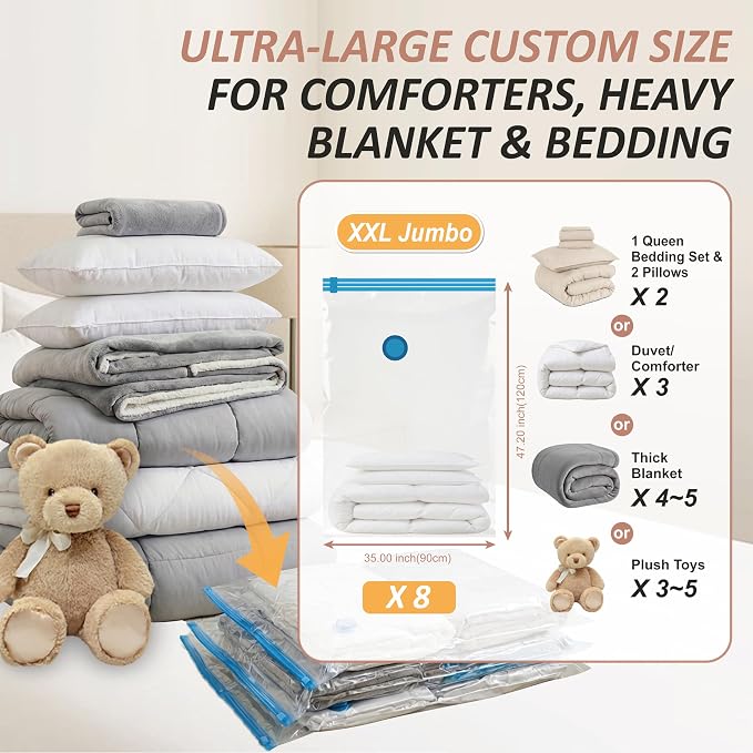 Cozy Essential Vacuum Storage Bags, 80% Compression Vacuum Seal Space Saver Plastic Packaging Bags for Clothes, Blankets, Pillow, Bedding, Comforters, Sealer Clothing Storage,8 XXL Jumbo