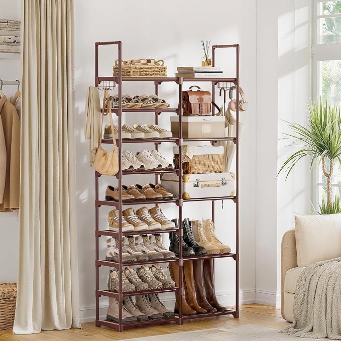 WOWLIVE 9 Tiers Large Shoe Rack Brown Shoe Rack Organizer for Closet 30-35 Pairs Stackable Heavy Duty Shoe Shelf Shoe Storage with Metal Pipes Plastic Connectors