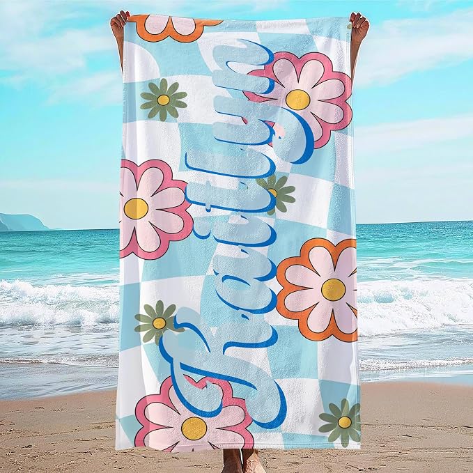 JML Personalized Beach Towel with Name, Custom Flower Beach Towel, Customized Microfiber Pool Towel, Quick Dry & Absorbent Swim Towel for Adult,Anniversary, Birthday, Summer Holiday,Vacation
