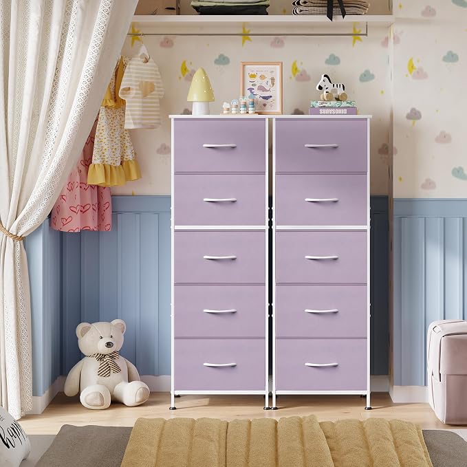 WLIVE Fabric Dresser, 5-Drawer Tall Dressers for Bedroom, Storage Dresser Organizer with Fabric Bins, Wood Top, Sturdy Steel Frame, Chest of Drawers for Closet, Hallway, Purple