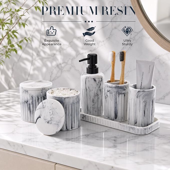 INIUNIK Bathroom Accessory Set, 6 Pieces, Marble White | Resin, Bathroom Accessories Set, with Soap Dispenser Set, Toothbrush Holders, Tumbler, Vanity Tray & 2 Qtip Holder
