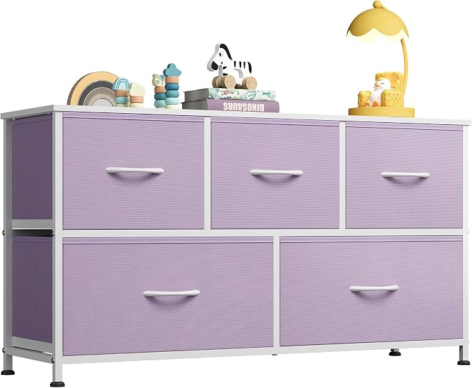 WLIVE Wide Dresser for Bedroom, 5 Drawer Chest of Drawers, Purple | 5 roomy fabric drawers, Wide storage design, Bedroom or closet use, Sturdy steel frame, Smooth wood tabletop