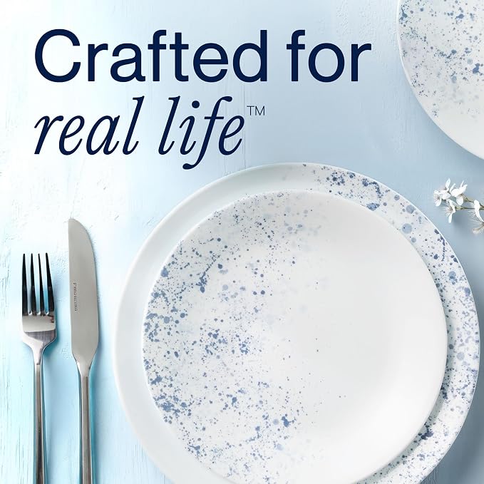 Corelle Vitrelle 18-Piece Service for 6 Dinnerware Set Triple Layer Glass and Chip Resistant, Lightweight Round Plates and Bowls Set, Indigo Speckle