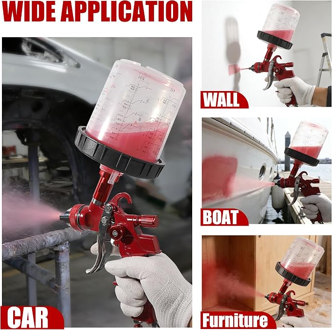 HVLP Paint Gun with 10 Disposable 600ML Paint Cups & 5 Nozzles | 1.4/1.7/2.0/2.5/3.0mm Nozzles Gravity Feed Spray Gun & Disposable Paint Cups for Automotive, Car Painting, Primer (Scarlet)
